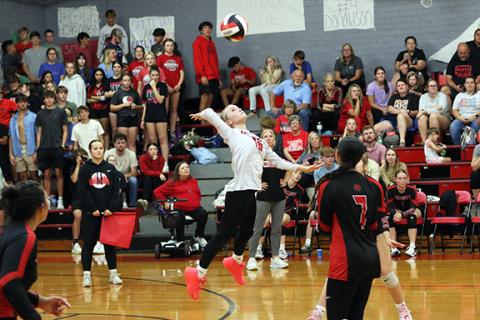 Cannon Crompton/sports@cherokeescout.com Andrews senior Allie Gibson goes up to spike the ball during the Wildcats’ match against Hayesville on Oct. 8.