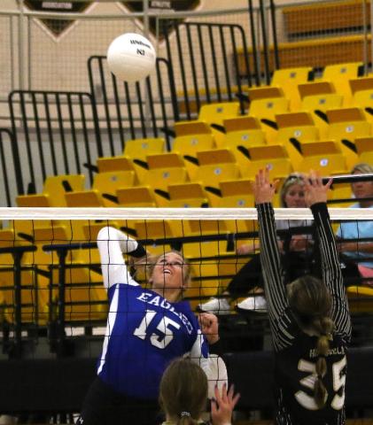 Cannon Crompton/sports@cherokeescout.com Little Smoky Mountain Conference Player of the Year Olivia McNabb of Hiwassee Dam spikes the ball against Hayesville on Sept. 5. 