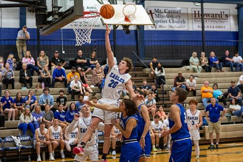Cannon Crompton/sports@cherokeescout.com Jonah Dockery of Hiwassee Dam goes up for a shot in their scrimmage against Towns County, Ga. on Friday.