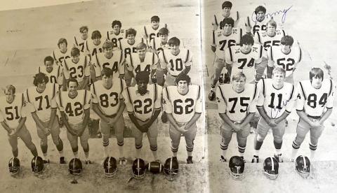 The 1974 Murphy High School state champion football team. Front row (from left): Noland Smith, Kenneth Hyatt, Dwight Bennett, Kenny Hall, Willie Brown, Phil Dickey, Tim Meyers, Chris McConnell and Joey Palmer. Second row (from left): Lee Lackey, David Murphy, Bill Owen, Johnny Queen, Marty Douglas, Carl Stiles and Jeff Plemmons. Third row (from left): Danny Gee, Carl Auvil, Bill Gomes, Brian Clayton, Tony Dickey and Allen Blakemore. Fourth row (from left): Bruce Hogsed, Steve Brooks, David Hubbard, Dan Hugh