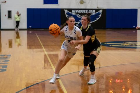 Cannon Crompton/sports@cherokeescout.com Lady Eagle Abby Harris drives past a Hayesville defender toward the hoop during their game on Dec. 9.