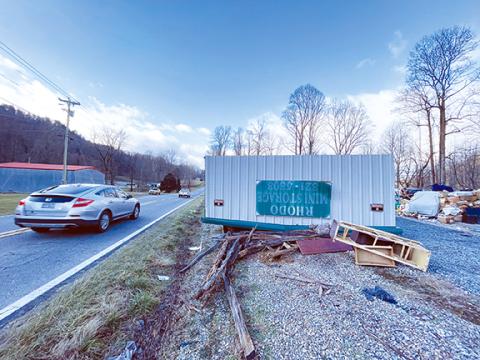 Randy Foster/editor@cherokeescout.com This storage unit was pushed onto its top during a wind storm in Granny Squirrel in January last year.