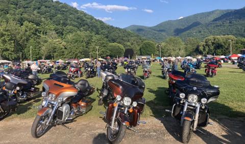 Motorcycles are lined up during the annual Thunder in the Smokies event in nearby Maggie Valley in June.