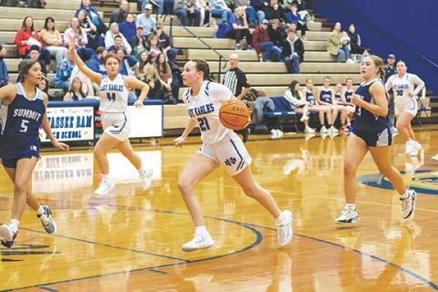 Cannon Crompton/sports@cherokeescout.com Abby Harris of Hiwassee Dam runs down the court looking to score for the Lady Eagles in their game against Summit Charter on Friday.
