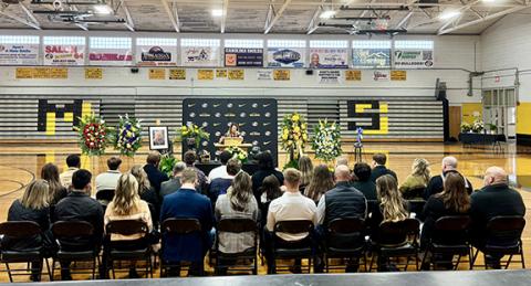 Randy Foster/editor@cherokeescout.com J.R. Carroll, the longtime Murphy High School football announcer who the Bulldogs’ press box is named after, was remembered Sunday during a Celebration of Life in the gymnasium. His sister, Pat Swanson, told several tales about J.R. growing up that brought smiles to the otherwise somber occasion. Read how J.R. was one of a kind, page 4A.