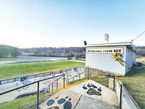 Cannon Crompton/sports@cherokeescout.com The J.R. Carroll Press Box at Bob Hendrix Stadium and David Gentry Field at Murphy High School included a wreath Thursday, the day of his passing. 