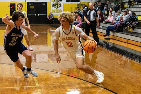 Cannon Crompton/sports@cherokeescout.com Ryan Payne dribbles past a Nantahala defender during their game on Jan. 9.
