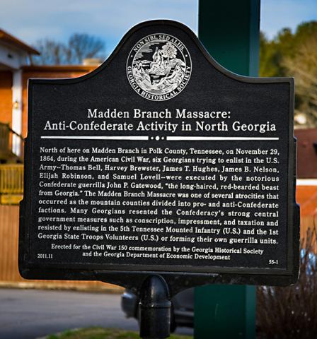 There is only one marker dedicated to the Maddens Branch Massacre, and it stands in McCaysville, Ga., miles away from the site of the murders. Strangely, the State of Tennessee has no marker at the actual location, despite attempts to secure one.