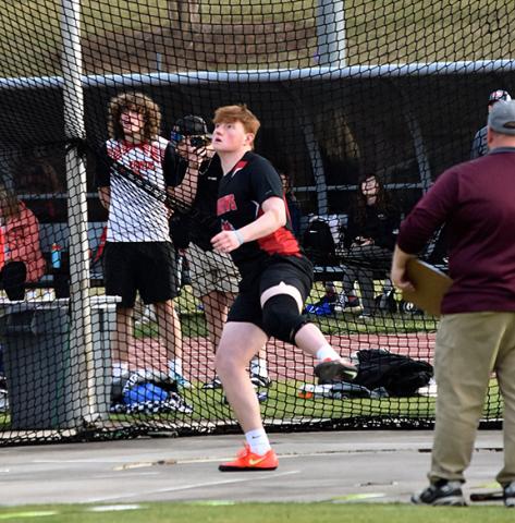 Bre Woodard/Staff Correspondent  William Wood of Andrews throws in the discus event at Western Carolina University in Cullowhee on March 7. 