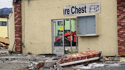 Randy Foster/editor@cherokeescout.com A fire gutted Jolly Roger’s Treasure Chest thrift store at 584 Main St. in Andrews Town Centre and destroyed a trailer on Sept. 27, 2024. The remains of the store were recently razed, making room for the next business in town.