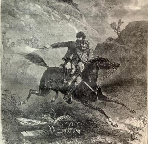A Harper’s Weekly illustration of a wounded Union guerrilla escaping Confederate Home Guard.