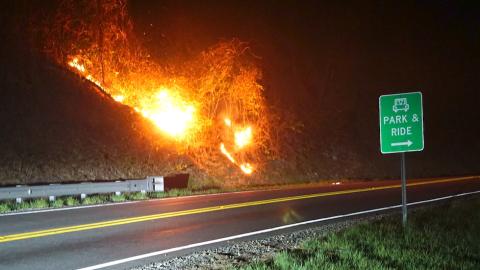 Brush burns along U.S. 19/74 near Topton at about 2:30 a.m. Friday. Randy Foster/editor@cherokeescout.com