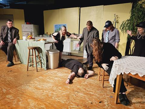 Nicole Wright/Staff Correspondent The dinner theatre production of Southern Fried Funeral includes (from left) Kevin Garret; Stacy Messer; Judd Cresman; Kyia Zane; Jane Birchfield; and (seated) Brianna Rickett, who all look on as SammyJo Frye Lafayette receives some shocking news. Showtimes are 7 p.m. Friday and Saturday at the Valleytown Cultural Arts Center. Tickets are $30.