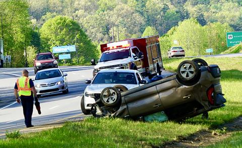 Randy Foster/editor@cherokeescout.com The N.C. Highway Patrol and Murphy Fire Department attend to a single-vehicle traffic accident on the center median of U.S. 19/74/129 just east of the Walmart Supercenter on Monday morning. The vehicle was headed westbound on the highway at the time of the crash about  9 a.m. Details were not available by the Cherokee Scout’s press time Tuesday morning.