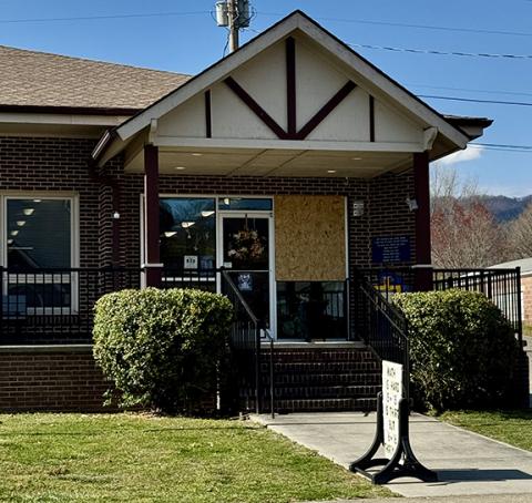 This photo shows damage at the Andrews Public Library, one of seven buildings allegedly vandalized on March 17 by Devan Trey Jones, a 33-year-old homeless man.