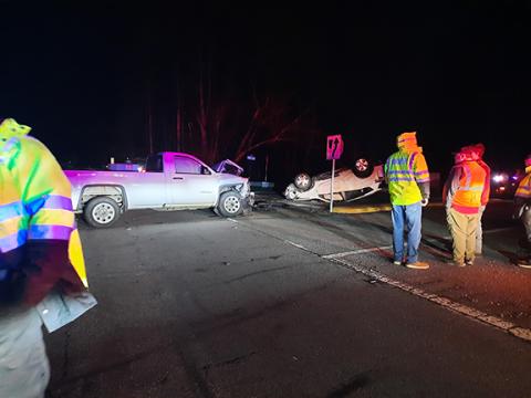 Photos by Anngee Quinones-Belian/Staff Correspondent   A two-vehicle accident with rollover occurred about 10:28 p.m. April 7 at U.S. 64 West and N.C. 294 in Ranger. A truck was upright with front-end damage, while a passenger vehicle was upside down. Vehicle air bags were deployed, but no one was taken to the hospital and only one westbound lane was blocked. Both vehicles needed to be towed during cold and dry weather. The N.C. Highway Patrol, Ranger Fire Department and Cherokee County Emergency Medical Se