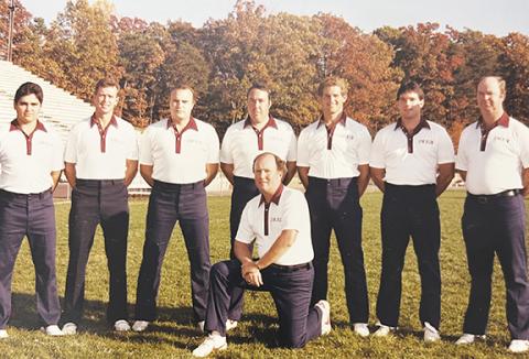 Frank Maennle (second from left) with the Swain County football coaching staff that led the Maroon Devils to multiple state championships in the late 1980s.