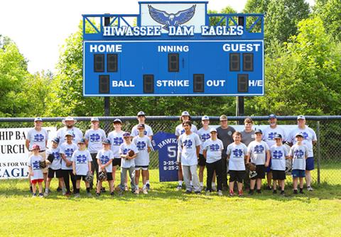 Cannon Crompton/sports@cherokeescout.com Campers, along with Hiwassee Dam baseball coaches and players, at the 2024 youth summer camp.