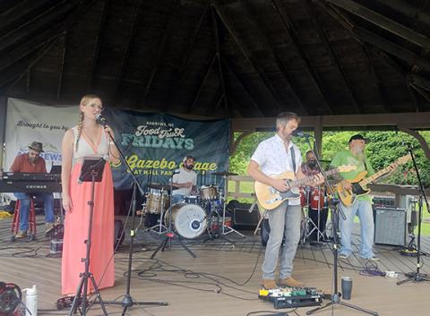 Nicole Wright/Staff Correspondent The local band Dead Bread plays during Food Truck Friday in June. They are (from left) Hugh Reynolds, keyboards; Autumn Johnson, singer; Ben Kilmer, drums; Zach Kilmer, lead vocals; Don Grotefend, percussion; and Dave Poole, bass. Food Truck Friday returns from 5-8 p.m. this week at Hall Memorial Park in downtown Andrews. The event, sponsored by the Andrews Chamber of Commerce on the fourth Friday of every month, is a great place to eat dinner, enjoy some entertainment, che