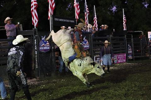 Cannon Crompton/sports@cherokeescout.com Legendary bull rider Ricky Ringer competes in Andrews on July 5, 2024.