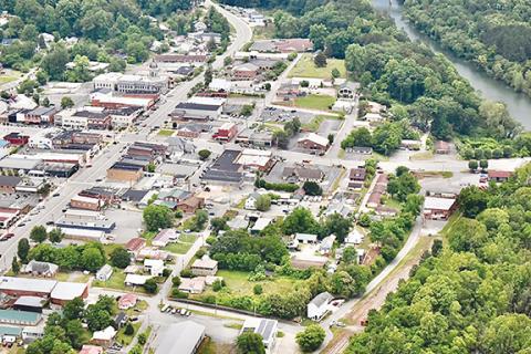 Randy Foster/editor@cherokeescout.com A fly over shows downtown Murphy as it appeared in June 2023. The most notable difference between then and now is the intersection of Valley River Avenue and Hiwassee, Peachtree and Tennessee streets. Gone is a four-way traffic signal, replaced by a traffic circle. Pocket parks at the four corners are also under construction.