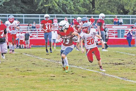 Cannon Crompton/sports@cherokeescout.com Kelby Waldroup breaks free on the run in Andrews’ scrimmage against Copper Basin, Tenn., on Aug. 8.