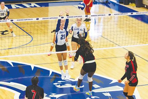 Cannon Crompton/sports@cherokeescout.com Juliet Holloway of Andrews spikes the ball while Ryleigh Harris of Hiwassee Dam attempts to block it during their match Thursday.