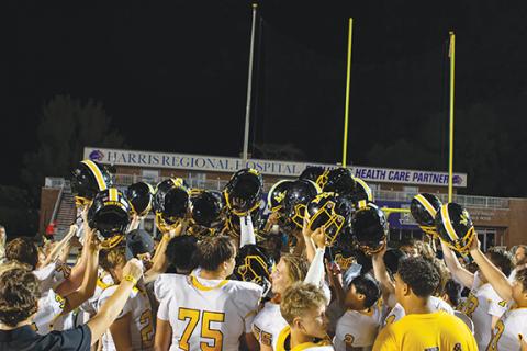 Cannon Crompton/sports@cherokeescout.com The Bulldogs gather together after defeating Franklin on Aug. 22 at Western Carolina University in Cullowhee.