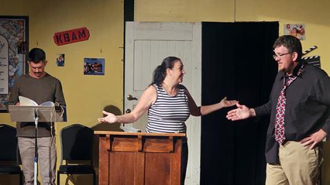 From left, Jessie Anderson, Diane Myers and Kevin Garrett. Myers’ character Tonya Bristow gives a series of pro-woman “sermons” to her radio director, Harlan Bean (Garrett), and her husband Branford (Anderson) during ACT2’s current production of The Radio Play Disaster.