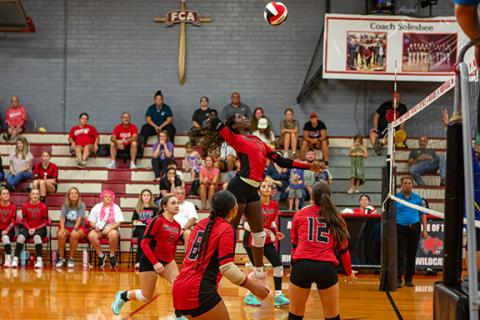 Cannon Crompton/sports@cherokeescout.com Juliet Holloway of Andrews gets a kill against Highlands on Aug. 21. 