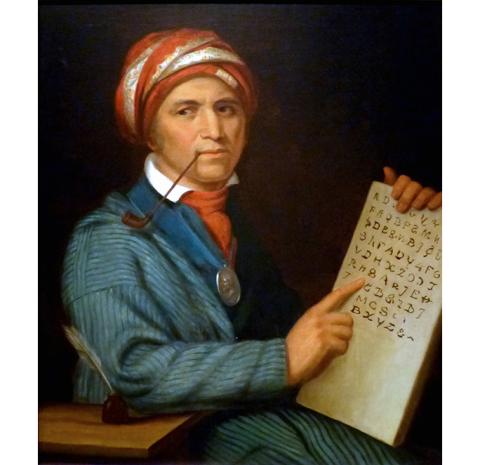 This portrait of Sequoyah was painted while he was in Washington assisting with a new treaty. The chart he holds was important in creating the written language for the Cherokee.