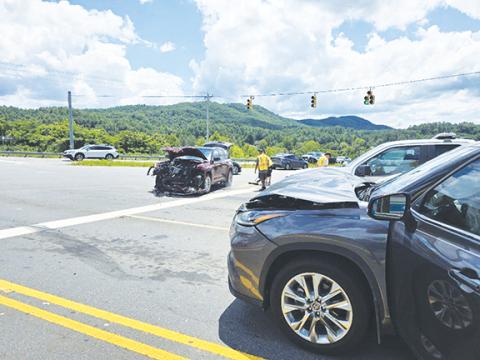Wreck: One vehicle ran into another, pushing the vehicles into a third one, on July 17 at the intersection of U.S. 19/74 and Peachtree Street in Murphy. Serious damages and multiple injuries were reported.