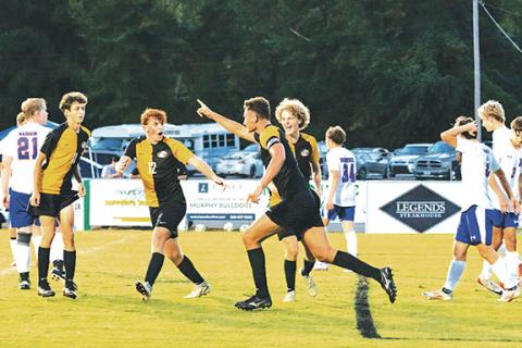 Cannon Crompton/sports@cherokeescout.com Elijah Twiggs of Murphy celebrates scoring a goal against Madison on Sept. 10. 