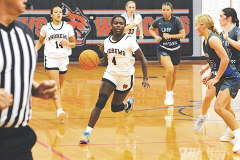 Cannon Crompton/sports@cherokeescout.com Juliet Holloway of Andrews heads down the court against Smoky Mountain on Friday.