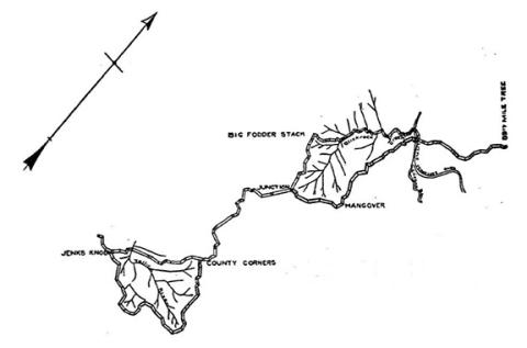 A rough map showing the areas claimed by both North Carolina and Tennessee in the 20-year legal battle resolved by a U. S. Supreme Court decision. The top line is the border claimed by North Carolina, while the bottom line was Tennessee’s claim. All the land in between was disputed, but the top line prevailed.