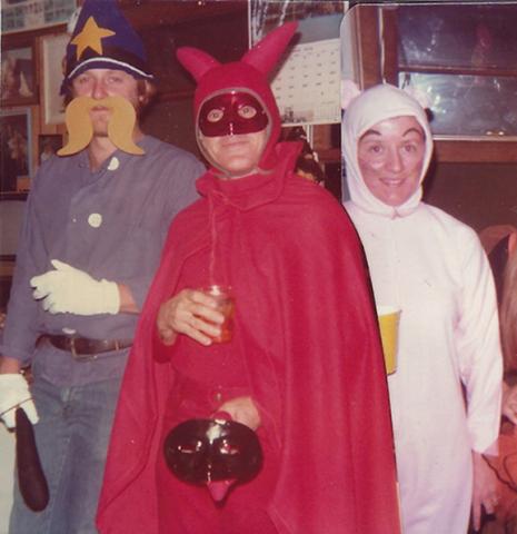The annual Halloween party at Lakes End Camp was hosted by owners Griff and Ruth Griffing. Shown (from left) are Lynn Birchfield as the Keystone Cop, Griff is the Red Devil and Patricia Francis is dressed as Pink Panther.