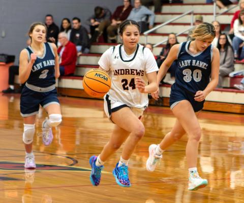 Cannon Crompton/sports@cherokeescout.com Chanteah Rattler of Andrews sprints down the court with the ball against Nantahala on Dec. 9. 