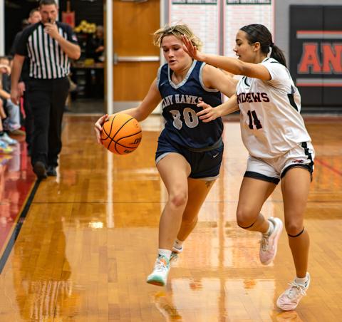 Cannon Crompton/sports@cherokeescout.com Zoey Passmore (left, No. 30) runs down the court defended by Marley Blackwell of Andrews on Dec. 9.