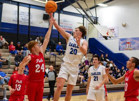 Cannon Crompton/sports@cherokeescout.com Jonah Dockery of Hiwassee Dam goes up for a shot against Polk County, Tenn., on Dec. 4.