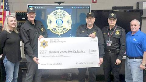 From left are Shirley Kephart, Cherokee County Auxiliary president; Bill Battle, Clay County; Frank Fazio, Clay County; Phil Cantley, Clay County Auxiliary president; and Richard Belculfine Cherokee County Auxiliary vice president.