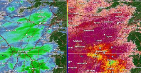 From the National Weather Service center in Morristown, Tenn.: "Here's a morning radar view from Hytop, AL with local reports overlaid. Left is the base radar view, right is the radar seeing a melting layer in the yellows/greens, where the precipitation is changing type like an evolving Pokemon. Red just means everything looks the same to the radar."