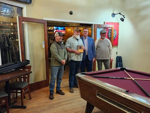 Shooting pool has its rewards: Dan Scayola, James Tharp, Murphy Mayor Tim Radford and JD Baker (from left) are all smiles at The Mason Bar downtown.
