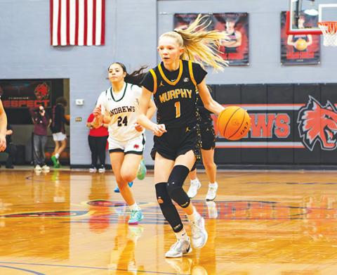 Cannon Crompton/sports@cherokeescout.com Ellie McClure of Murphy drives down the court against Andrews on Friday night.