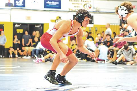 Cannon Crompton/sports@cherokeescout.com AJ Johnson of Andrews wrestles at the Smoky Mountain Conference duals meet Jan. 10.