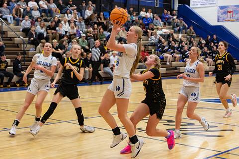Cannon Crompton/sports@cherokeescout.com Kinley Stiles of Hiwassee Dam goes up for a shot against Murphy on Jan. 13. 