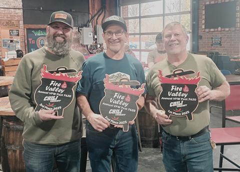 Nicole Wright/Staff Correspondent The 2025 winners of the Andrews VFW Post 7620 annual Fire in the Valley Chili Cook-Off included (from left) Corey Thompson of Hoppy Trout Brewing Co. in third place, Curt Steinlage of Morning Fog Coffee & Eats in second and Duron Smith, former owner of Cups & Cones, taking the top spot.