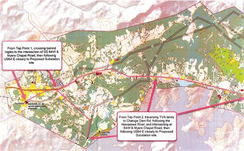 What do you think? This routing map for the Tennessee Valley Authority’s proposed Shooting Creek Transmission Project shows two different alternatives to consider.