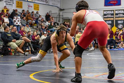 Brodi Haines (left) of Murphy takes on AJ Johnson (right) of Andrews on Saturday at the Smoky Mountain Conference duals.