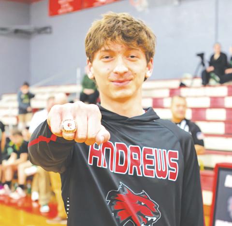 Cannon Crompton/sports@cherokeescout.com Logan Shuler of Andrews received his state championship ring on Feb. 11 for winning the title in the track & field high jump event. He won his second straight title at the state 2025 track & field championship with a winning jump of 6 feet, 4 inches.
