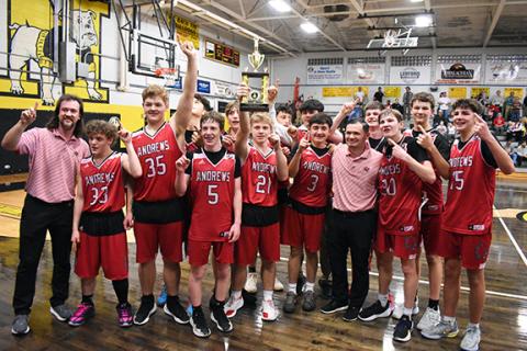 Kevin Hensley/The Graham Star The Andrews JV boys basketball claimed the Big Smoky Mountain Conference championship on Thursday night. Front row (from left): assistant coach Matt Maennle, Carson Taylor, Brayden Helton, Jayce Donaldson, Korbin Hicks, Sebastian Jimenez, head coach Eric Duong, Luke Clark and Jed Davis. Back row (from left): Cade Parker, Malachi Bateman, Parker Mabry, Alex Garrett, Dawson Stalcup and Logan Hyde.